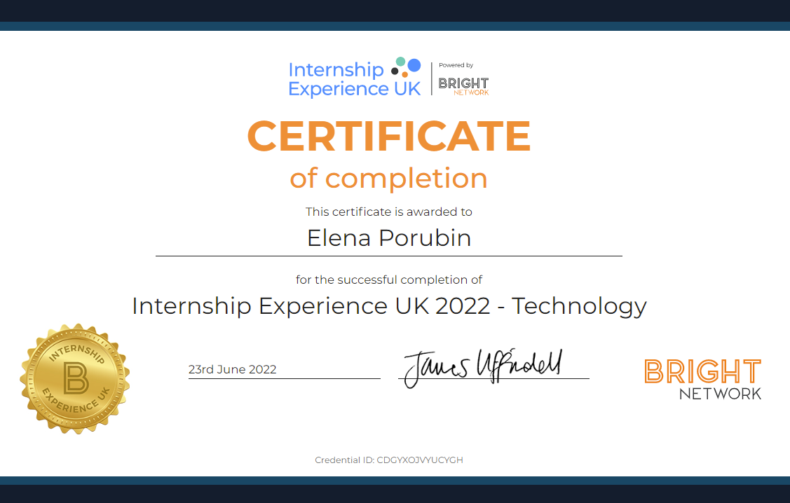 Bright Network Internship certificate